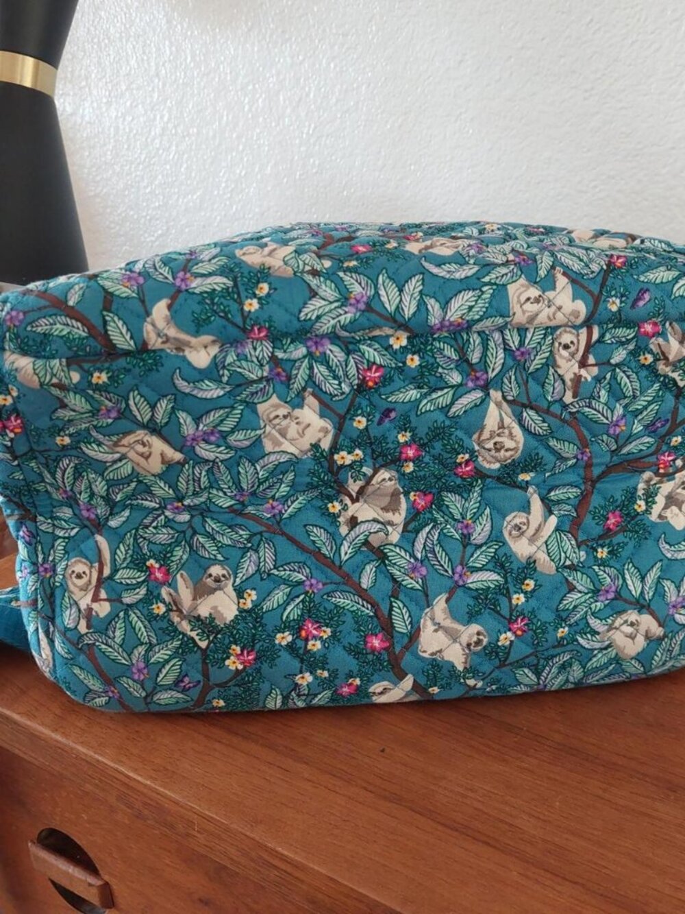 vera bradley Sloth backpack with sloths and flowers on a teal background #sloth - Picture 3 of 6